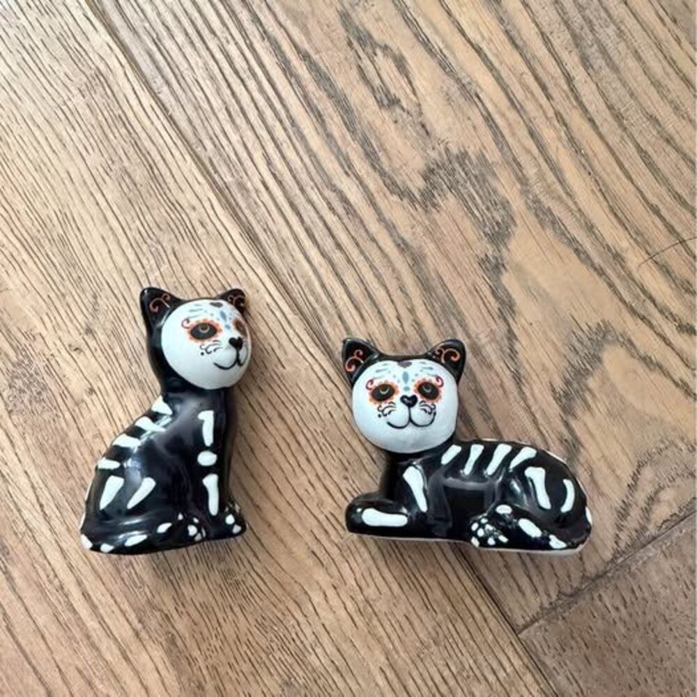 Mini Sugar Skull Two Cats Salt & Pepper Shaker Set Halloween Day of Dead Novelty